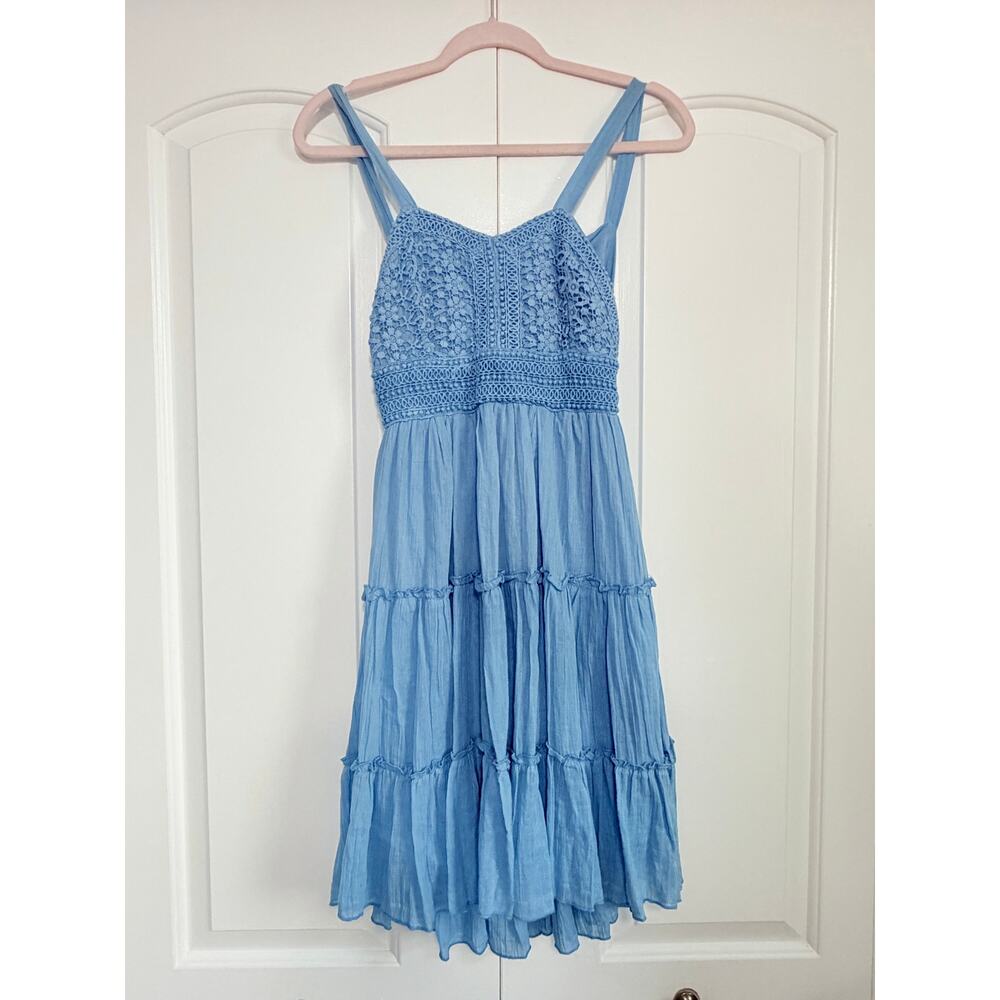 Rare Editions Girls Dusty Blue Boho Crochet Lace Tiered Midi Dress Size 16